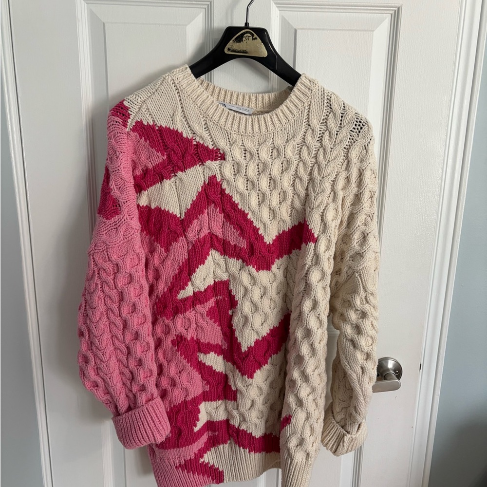 Zara Cream Sweater with Funky Pink Pattern